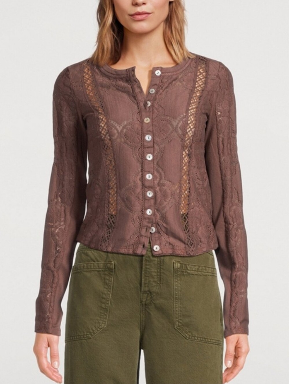 Free People Jae Sheer Lace Knit Long Sleeve Top Cardigan Chicory Coffee Brown M